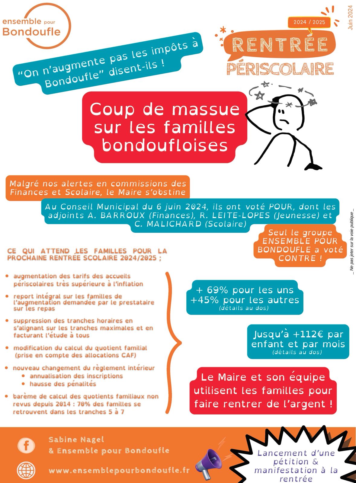 Nous sommes les seuls, les élus d’Ensemble pour Bondoufle, à avoir voté contre cette augmentation. Arnaud BARROUX, Ricardo LEITE LOPES et Céline MALICHARD, tous adjoints au Maire, ont soutenu ces augmentations déraisonnables.